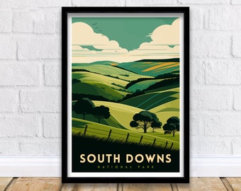 South Downs Travel Print , Wall Decor, Home Living Decor, South Downs Illustration, Travel Poster, Gift for South Downs Enthusiasts