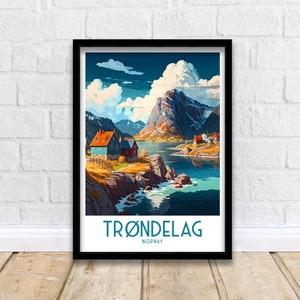 Impressão de viagem de Trøndelag, Noruega, arte de parede com paisagem urbana de Trondheim, decoração nórdica, ilustração da Noruega, pôster de viagem, presente para amantes da Noruega