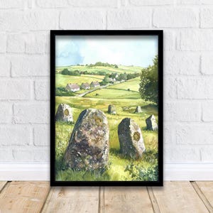 Avebury Stone Circle Watercolor Print Wiltshire Art Decor Ancient Britain Landscape Painting Gift for UK Heritage and History Enthusiasts
