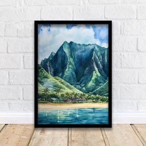 May include: A watercolor painting of a tropical landscape with a mountain range in the background, a beach in the foreground, and palm trees in the middle ground.