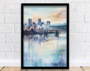 Puede incluir: Una pintura de acuarela de un horizonte de ciudad con un puente sobre un río. La ciudad está en el fondo y el río en primer plano. La pintura está hecha en tonos de azul, gris y blanco.