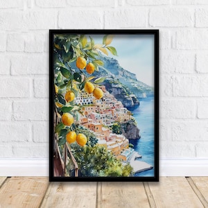 May include: Watercolor painting of a colorful Italian village nestled on a cliffside overlooking the ocean. A lemon tree with ripe yellow lemons hangs over the edge of the cliff.