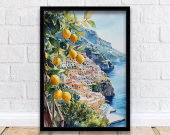 Stampa artistica ad acquerello di Positano, Italia, decorazione da parete, arte murale, paesaggio di Positano, decorazione da parete per la casa, regalo per gli amanti dell&#39;arte, stampa panoramica della Costiera Amalfitana.