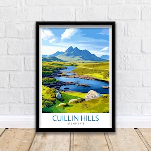 Könnte beinhalten: Eine farbenfrohe Illustration der Cuillin Hills auf der Isle of Skye, Schottland. Das Bild zeigt einen gewundenen Fluss, grüne Hügel und einen blauen Himmel mit weißen Wolken.