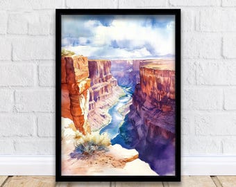 Könnte beinhalten: Ein Aquarellgemälde eines Canyons mit einem Fluss, der sich durch ihn schlängelt. Die Canyonwände sind in einem Mix aus roten, orangen und violetten Farbtönen gehalten, und der Himmel ist hellblau mit fluffigen weißen Wolken.