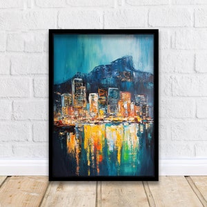 Może przedstawiać: Malowidło przedstawiające panoramę miasta z górami w tle. Miasto jest oświetlone światłami, a woda na pierwszym planie odbija światła. Obraz jest wykonany w stylu malarskim, z grubymi pociągnięciami pędzla i żywymi kolorami.