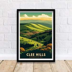 May include: A vintage travel poster design featuring a scenic view of rolling green hills with a winding road. The poster is titled "Clee Hills Shropshire".