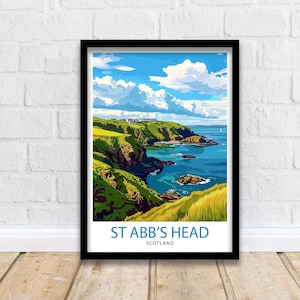 May include: A colorful illustration of St. Abb's Head in Scotland. The image shows a rocky coastline with green cliffs and a blue ocean. The sky is blue with white clouds.