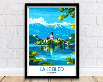 Stampa da viaggio sul lago di Bled, Slovenia, decorazione da parete, arte murale, arazzo da parete sul lago di Bled, arredamento per la casa, regalo sul lago di Bled, amanti dell'arte, Slovenia, regalo per amanti dell'arte