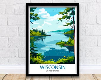 May include: Framed art print featuring a scenic illustration of a lake in Wisconsin. The artwork showcases a serene landscape with blue water, green trees, and a bright sky. The word "WISCONSIN" is printed at the bottom.