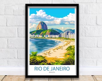 Op de afbeelding: Een kleurrijke illustratie van Rio de Janeiro, Brazilië, met de Suikerbroodberg, een strand en een stadsbeeld. De tekst "Rio de Janeiro" en "Brazilië" staat onder de afbeelding.
