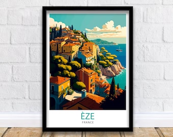 May include: A vintage travel poster featuring a colorful illustration of the town of Eze, France. The poster has a blue sky with white clouds, a blue ocean, and a hillside town with yellow and orange buildings. The text on the poster reads "Eze, France".