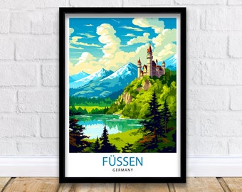 Fussen Germany Travel Print  Bavarian Alps Poster Neuschwanstein Castle Art Fussen Landscape Decor German Town Illustration Gift Idea