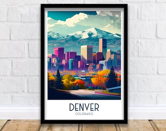 May include: A colorful illustration of the Denver skyline with the Rocky Mountains in the background. The text "DENVER COLORADO" is at the bottom of the image.