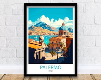 May include: A vintage travel poster featuring a colorful illustration of Palermo, Italy. The poster depicts a cityscape with a large church, palm trees, and a mountain in the background. The text "PALERMO ITALY" is printed at the bottom of the poster.
