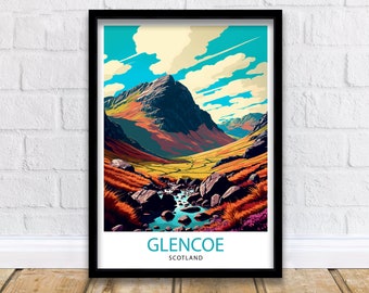 Impresión de viaje de Glencoe, Escocia. Arte mural de Glencoe. Impresión de paisaje de Glencoe, Escocia. Póster de viaje de Escocia. Impresión de las Tierras Altas de Escocia.