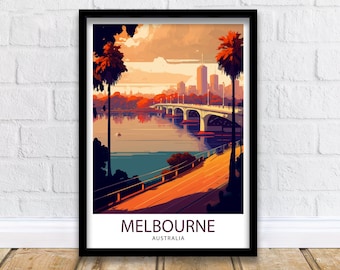 Könnte beinhalten: Eine farbenfrohe Illustration einer Stadtlandschaft mit einer Brücke über einen Fluss. Palmen säumen das Flussufer. Der Text "MELBOURNE AUSTRALIA" befindet sich am unteren Rand des Bildes.
