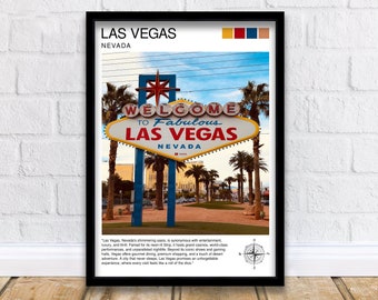 May include: A vintage-style poster with a black frame featuring a photo of the iconic "Welcome to Fabulous Las Vegas" sign with palm trees in the background. The poster has a blue sky with white clouds and a compass rose in the bottom right corner. The text on the poster reads "Las Vegas, Nevada".