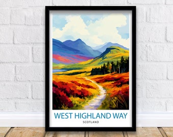 May include: A colorful poster with a scenic view of a winding path through a field of red and yellow flowers, leading to a mountain range in the distance. The poster has the text "West Highland Way, Scotland" at the bottom.
