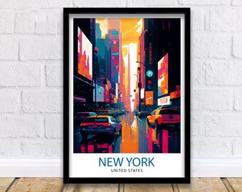 May include: A colorful illustration of a street scene in New York City. The image features tall buildings, streetlights, and cars. The text "NEW YORK" and "UNITED STATES" is displayed at the bottom of the image.