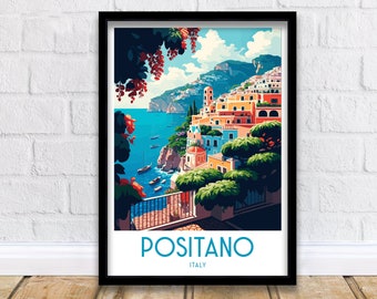 May include: A colorful illustration of Positano, Italy, a coastal town with colorful buildings on a hillside overlooking the blue sea. The text "Positano, Italy" is at the bottom of the image.