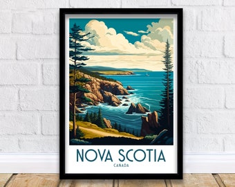 Könnte beinhalten: Ein Vintage-Reiseposter mit einer malerischen Aussicht auf eine felsige Küste mit blauem Meer und bewölktem Himmel. Das Poster trägt den Titel "NOVA SCOTIA CANADA".