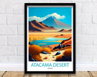 Puede incluir: Una ilustración colorida del desierto de Atacama en Chile. La imagen presenta una cordillera, un lago y un camino que conduce a través del desierto. El texto "Atacama Desert Chile" está en la parte inferior de la imagen.