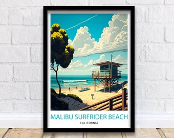 Lámina artística de la playa Surfrider de Malibú / Póster de viaje de California