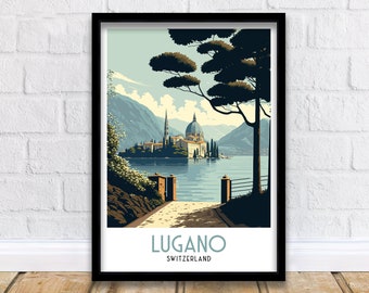 Lugano Switzerland Travel Poster | Swiss Alps Lake Art Print