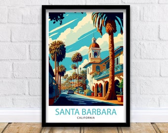 May include: A colorful illustration of a street scene in Santa Barbara, California. The image features a building with a red tile roof and a white facade, palm trees lining the street, and a blue car driving down the road. The text "SANTA BARBARA CALIFORNIA" is printed at the bottom of the image.