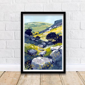 Könnte beinhalten: Eine digitale Malerei einer felsigen Landschaft mit einem Pfad, der sich durch die Hügel schlängelt. Die Hügel sind grün und die Felsen sind grau. Überall in der Szene sind gelbe Wildblumen verstreut.