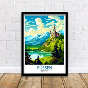 Fussen Germany Travel Print  Bavarian Alps Poster Neuschwanstein Castle Art Fussen Landscape Decor German Town Illustration Gift Idea