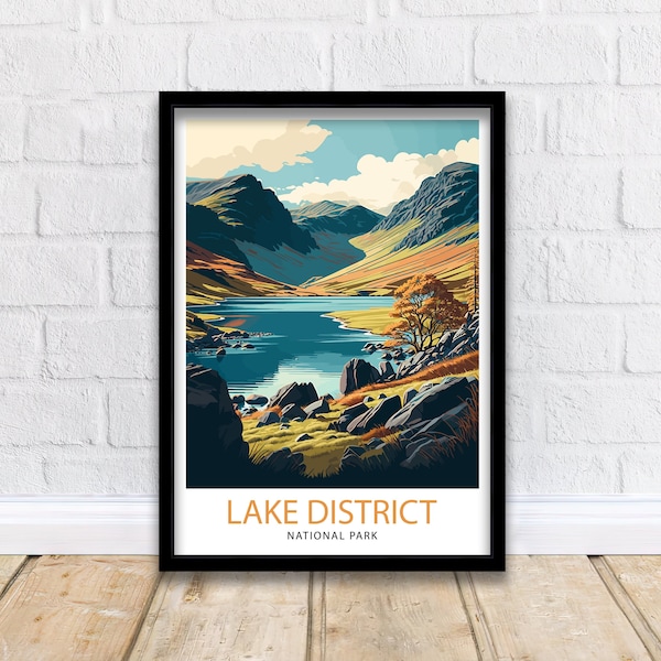 Impressão de viagem do Lake District, arte de parede do Parque Nacional do Reino Unido - pôster de viagem da Inglaterra, decoração de casa do Lake District, presente para caminhantes - ilustração da natureza