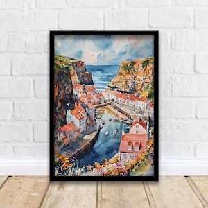 Staithes Watercolor Painting Yorkshire Coast Art Fishing Village Decor Gift for Sea Lovers