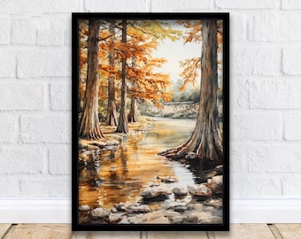 Pintura de acuarela de Texas Hill Country, arte de paisaje de Texas, impresión de acuarela de Hill Country, arte escénico de Texas, decoración de flores silvestres
