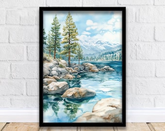 May include: A watercolor painting of a serene lake scene with snow-capped mountains in the background. Two pine trees stand on the rocky shore, with the reflection of the trees visible in the water. The lake is a vibrant blue, with a soft, cloudy sky above.