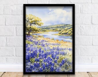 Pintura de acuarela de Texas Hill Country, arte de paisaje de Texas, impresión de acuarela de Hill Country, arte escénico de Texas, decoración de flores silvestres
