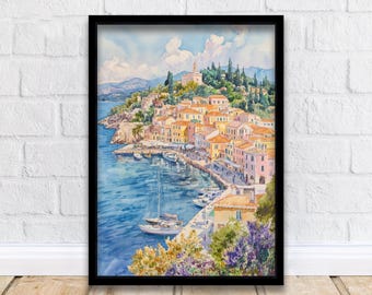 サントリーニ島 水彩画 ギリシャ オリジナル絵画 オーダーメイド 旅行