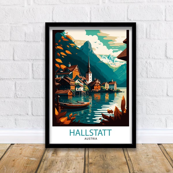 Hallstatt Austria Impresión de viaje Hallstatt Decoración de la pared Hallstatt Decoración de la vida del hogar Hallstatt Ilustración Cartel de viaje Regalo para el hogar de Austria