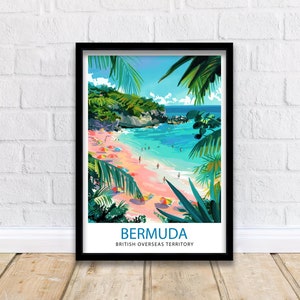 May include: A colourful illustration of a beach scene in Bermuda, a British Overseas Territory. The image features a pink sandy beach with turquoise water, palm trees, and people enjoying the sun. The text "BERMUDA" and "BRITISH OVERSEAS TERRITORY" is displayed at the bottom of the image.