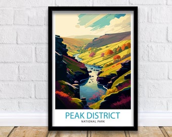 May include: A colorful illustration of a river winding through a valley in the Peak District National Park. The image is in a retro style with a blue sky and green hills.