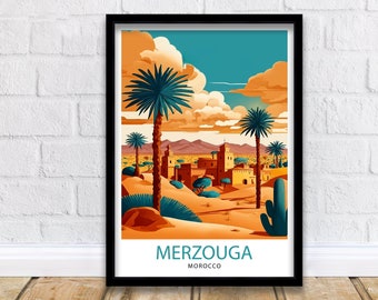 Merzouga Morocco Travel Poster: Desert Landscape Illustration