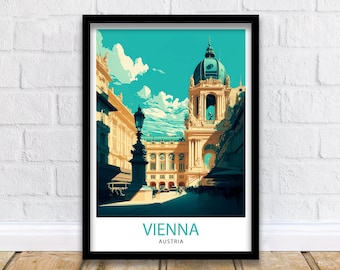 May include: A vintage travel poster featuring a colorful illustration of a building in Vienna, Austria. The poster has a teal background with a white border and the text "VIENNA" and "AUSTRIA" in a turquoise font.