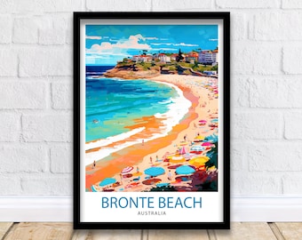 May include: A colorful illustration of Bronte Beach in Australia. The image shows a beach with blue water, white sand, and colorful umbrellas. The beach is surrounded by green cliffs and buildings. The text "Bronte Beach, Australia" is at the bottom of the image.