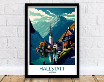 May include: A vintage travel poster featuring a colorful illustration of Hallstatt, Austria. The poster depicts a picturesque village nestled between mountains and a lake, with a church steeple rising above the rooftops. The text "Hallstatt, Austria" is printed at the bottom of the poster.