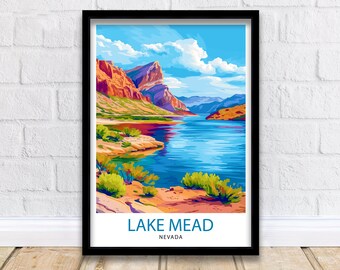 Lake Mead Nevada Print  Desert Reservoir Art Hoover Dam Poster Recreational Area Wall Decor Southwest Landscape Illustration Water