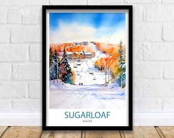Impresión de la estación de esquí Sugarloaf, Maine - Arte mural de esquí de Maine - Decoración de la montaña Sugarloaf - Póster de esquí - Arte paisajístico invernal - Regalo para amantes del esquí