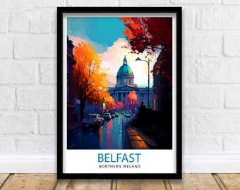 Impression de voyage de Belfast en Irlande du Nord, décoration murale de Belfast, décoration de salon à la maison de Belfast, illustration de paysage urbain de Belfast, affiche de voyage, cadeau