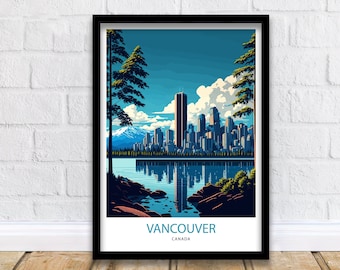 May include: A retro-style poster with a blue, green, and white color scheme depicting the Vancouver skyline with mountains in the background. The text "VANCOUVER CANADA" is at the bottom of the poster.