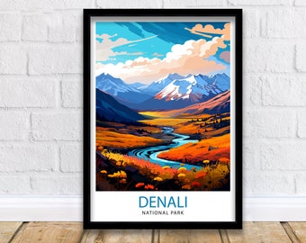 Denali National Park Alaska Travel Print  Denali Wall Decor Denali Poster Alaska Travel Prints Denali Art Print Denali Illustration